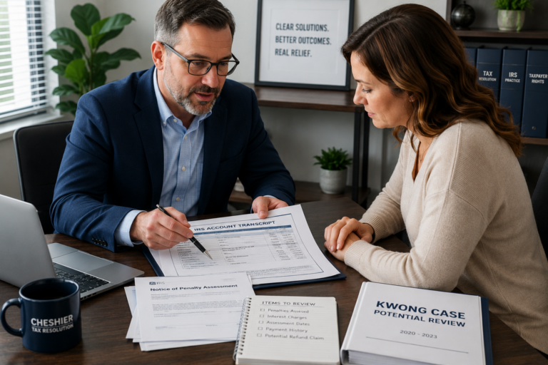 Tax professional reviewing IRS transcripts and penalty assessments related to the Kwong Case with a taxpayer during a consultation