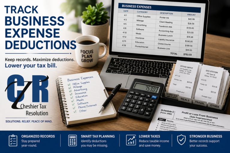 Business Expense Deductions with organized receipts, bookkeeping records, calculator, laptop, and tax planning workspace