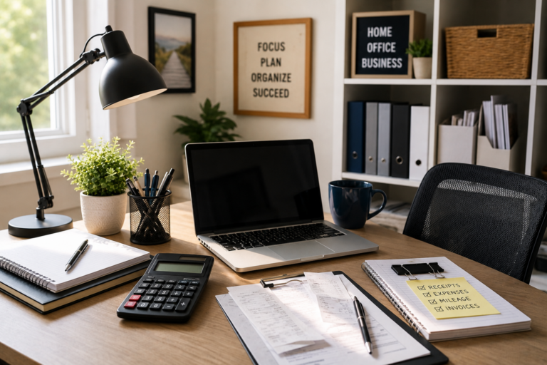 Home Office Deduction workspace for self-employed taxpayers with laptop, calculator, business records, receipts, and organized home office
