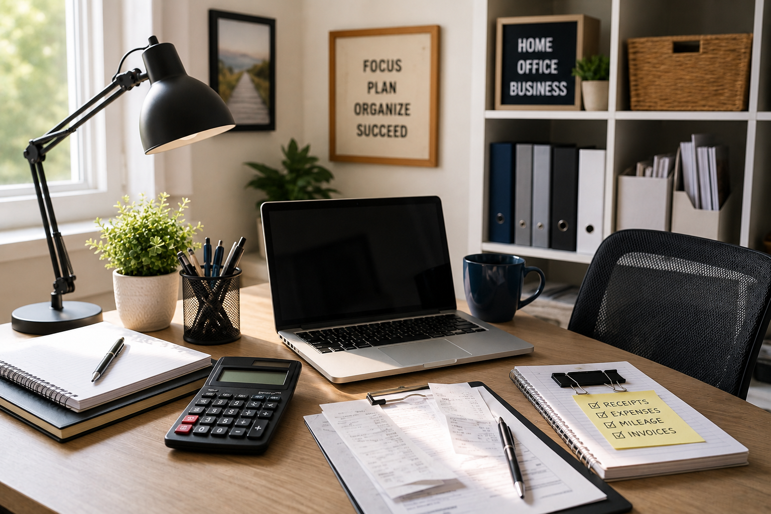 Home Office Deduction workspace for self-employed taxpayers with laptop, calculator, business records, receipts, and organized home office