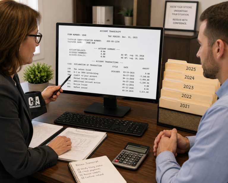 IRS tax transcripts being reviewed to understand a taxpayer's tax records and account history