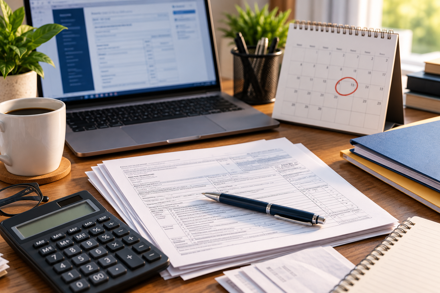 Tax Filing Extension preparation with Form 4868, tax records, calendar and calculator