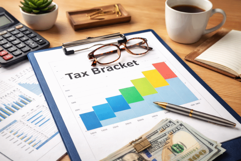 Marginal tax bracket chart with calculator and financial documents on desk