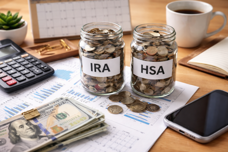 “Automate savings to lower tax liability using IRA and HSA automatic contributions shown with calculator and financial planning documents