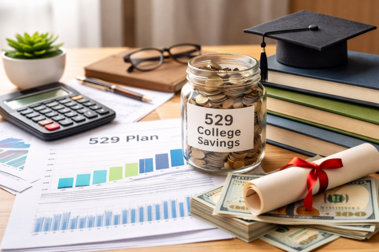 529 plan college savings jar with graduation cap, calculator, and financial documents illustrating 529 plan tax benefits for education savings
