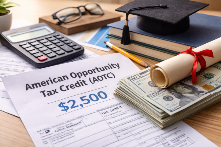 American Opportunity Tax Credit documents with calculator, diploma, and tuition paperwork showing education tax credit planning