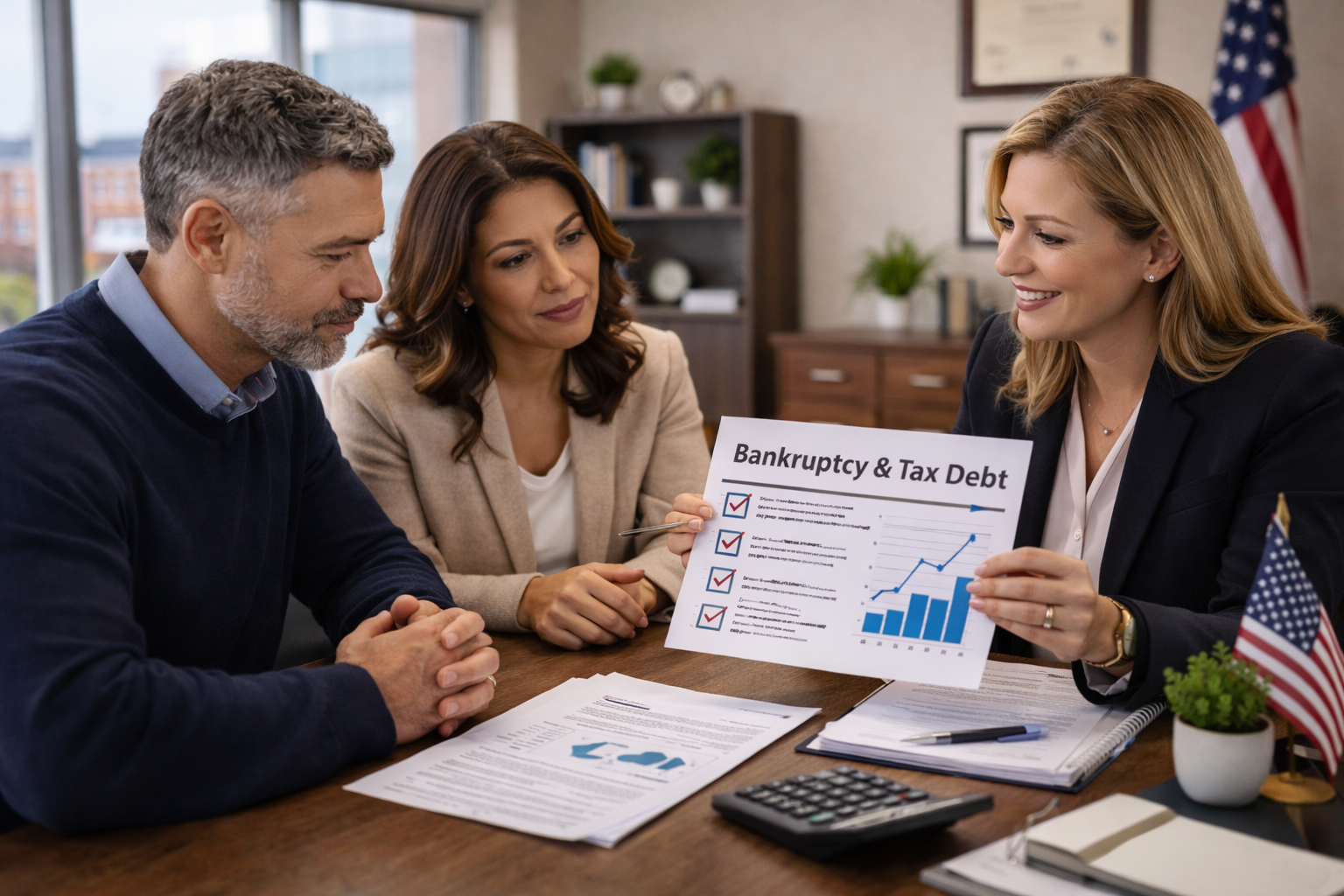 Tax professional explaining bankruptcy tax debt relief options to clients during financial consultation