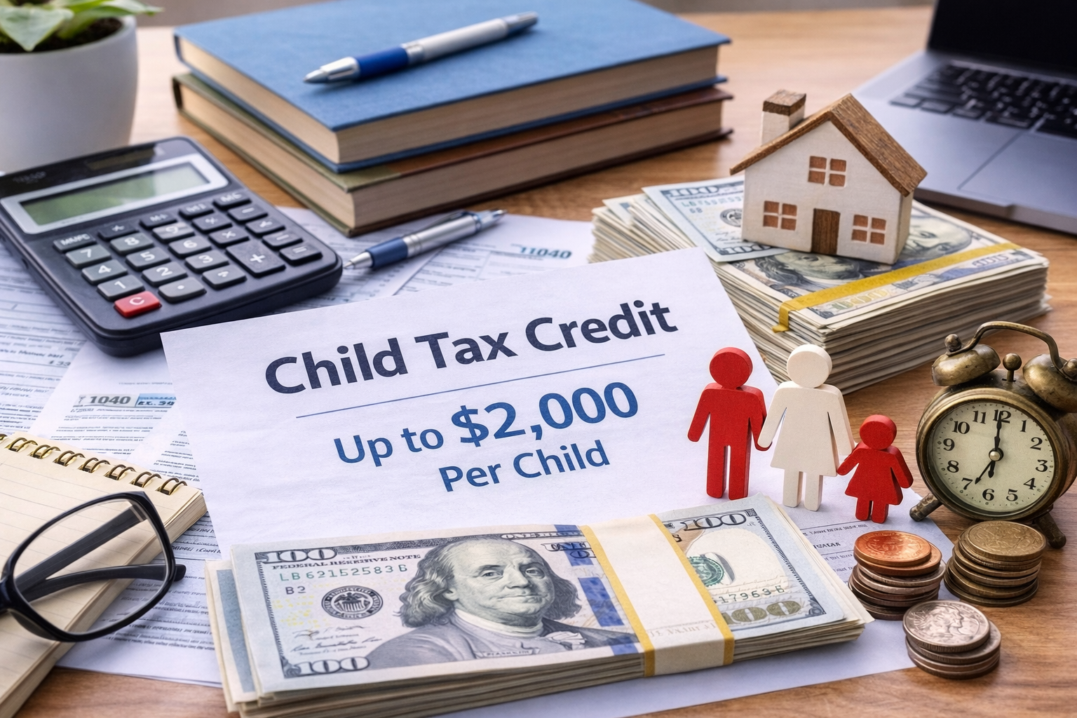 Child Tax Credit documents with calculator, cash, and family figures illustrating tax savings for qualifying children