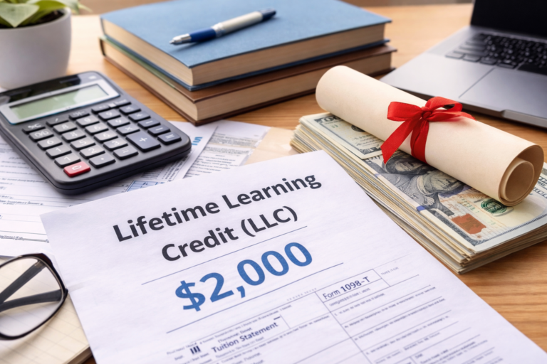Lifetime Learning Credit paperwork with calculator, diploma, and tuition documents showing education tax credit planning