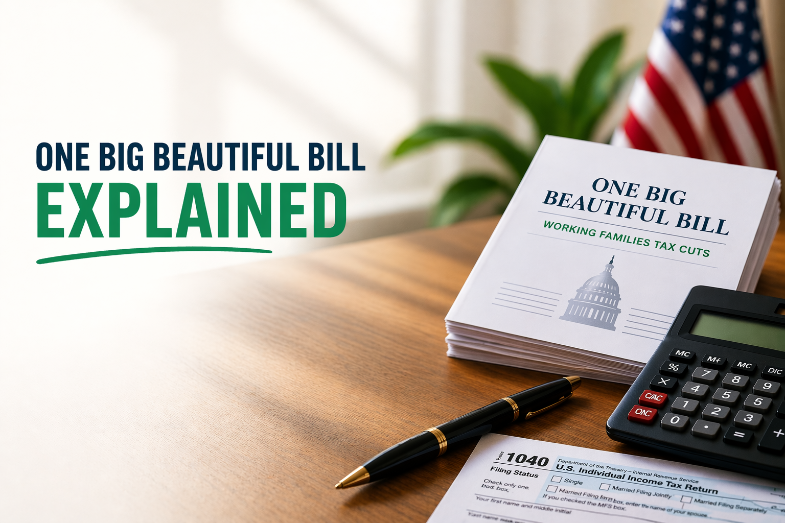 One Big Beautiful Bill explained with tax documents, calculator, and IRS 1040 form on desk