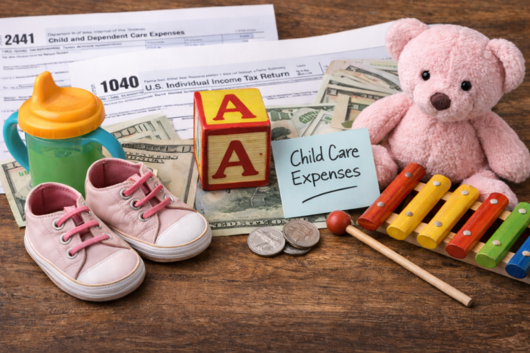 Child and Dependent Care Credit documents with childcare items, toys, and tax forms illustrating eligible childcare expenses for tax savings