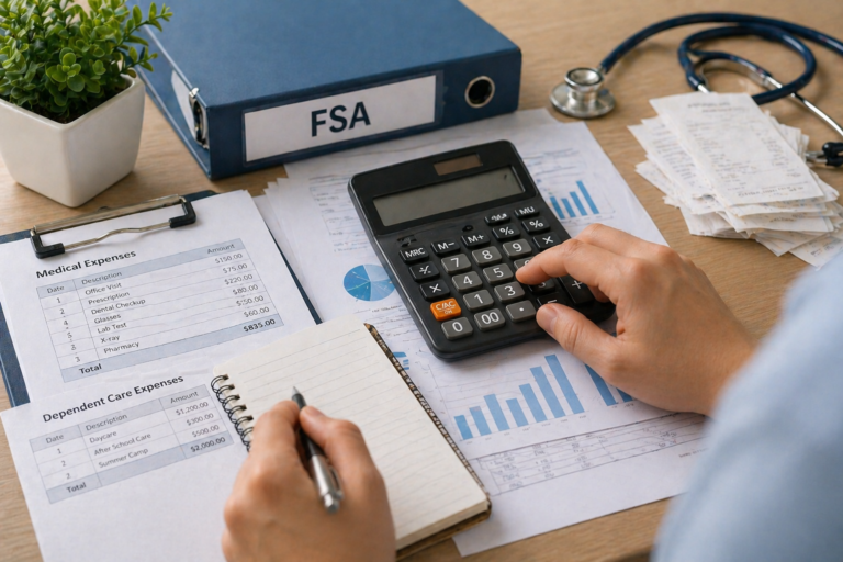 Flexible Spending Account FSA concept with hands using calculator and medical receipts illustrating pre-tax healthcare and dependent care expense planning