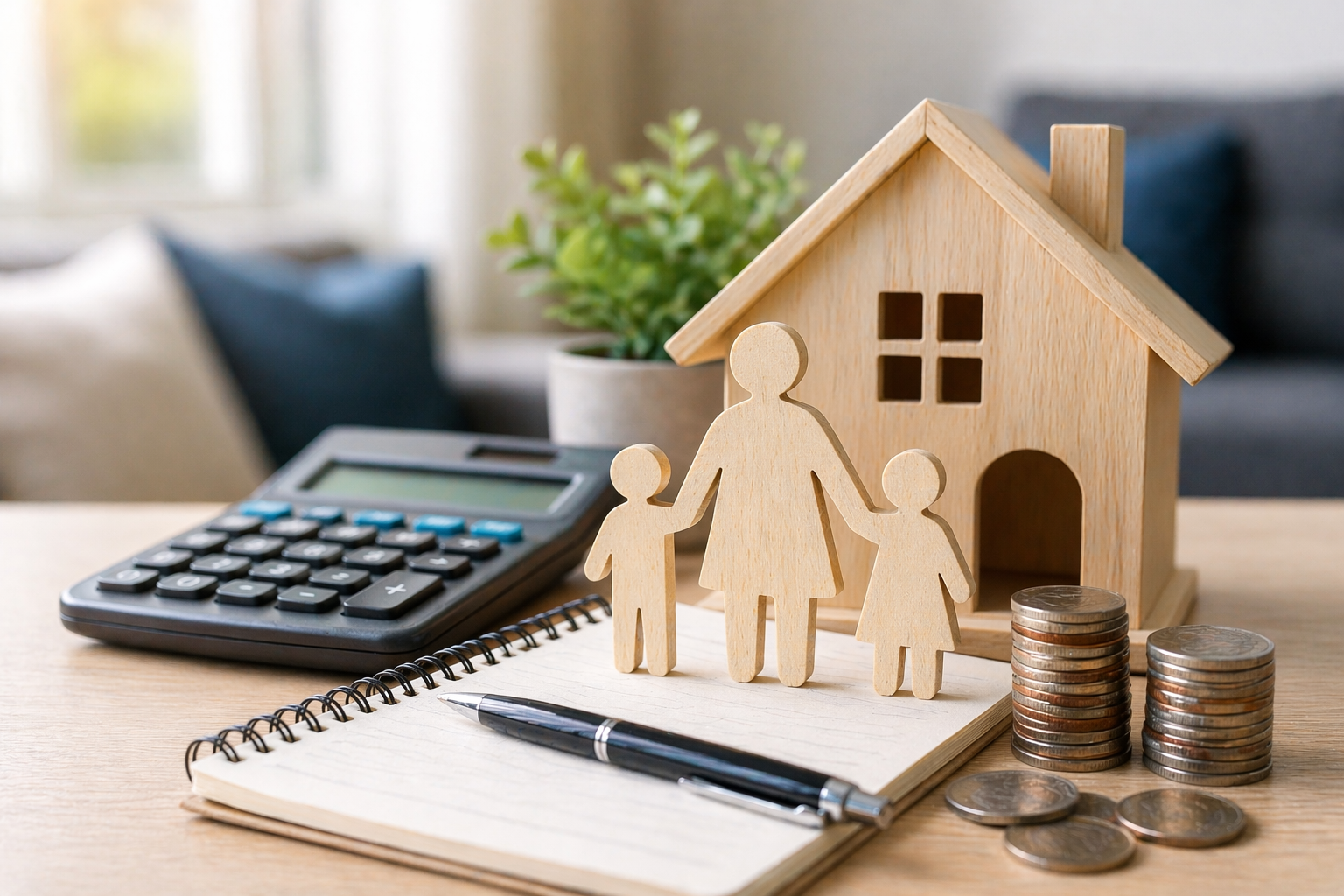 Head of Household filing status concept with family figures, house model, and calculator illustrating tax benefits for qualifying dependents