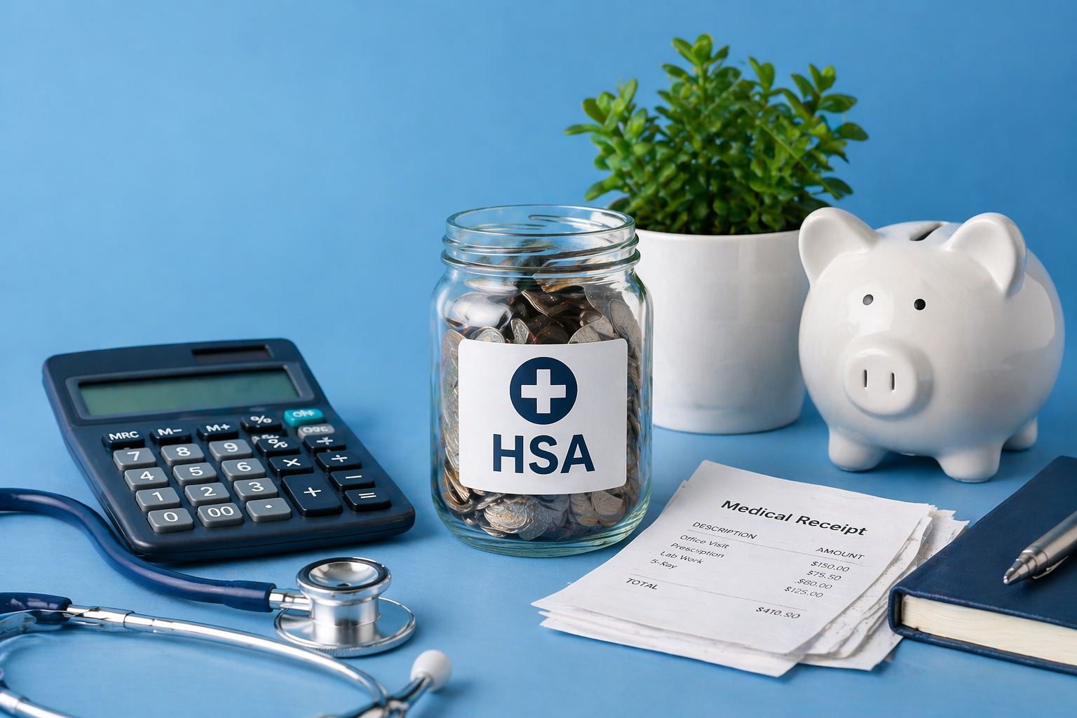 Health Savings Account HSA concept with calculator, medical receipts, and savings illustrating tax advantages and healthcare expense planning