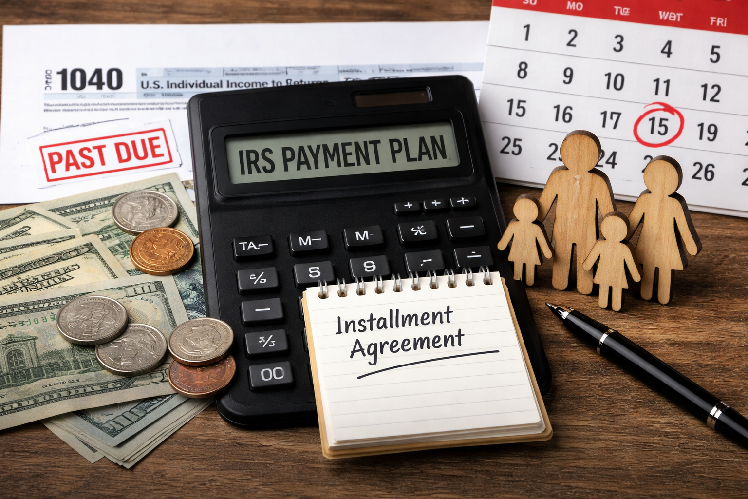 IRS payment plans and installment agreement concept with calculator, tax documents, and cash showing tax debt resolution strategy