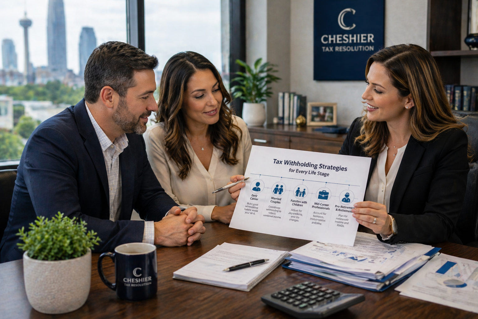 Financial advisor explaining tax withholding strategies to North Texas clients at different life stages