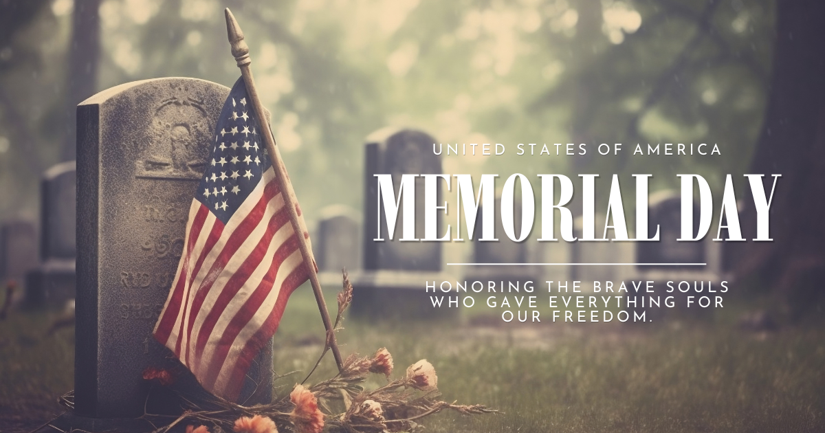 Memorial Day tribute graphic with American flag at military gravestone honoring brave service members and sacrifice