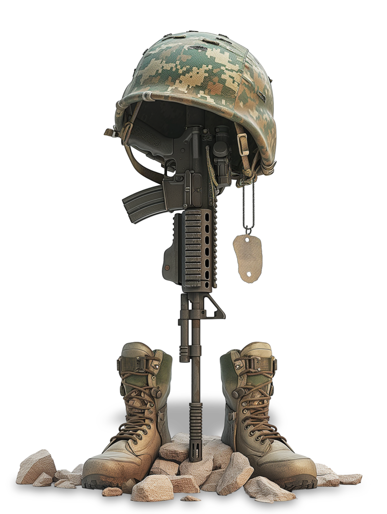 Battlefield cross memorial with military helmet boots dog tags and rifle honoring fallen American soldiers