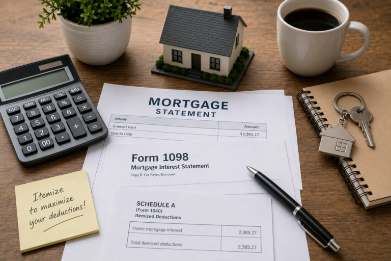 Mortgage interest deduction tax planning image with mortgage paperwork, calculator, house keys, and homeownership financial documents