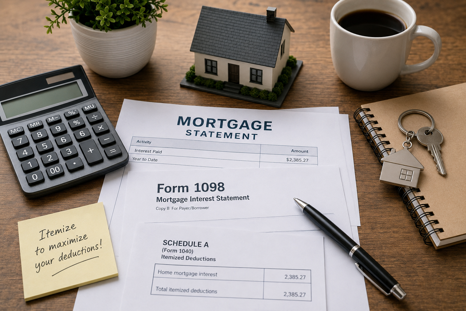 Mortgage interest deduction tax planning image with mortgage paperwork, calculator, house keys, and homeownership financial documents