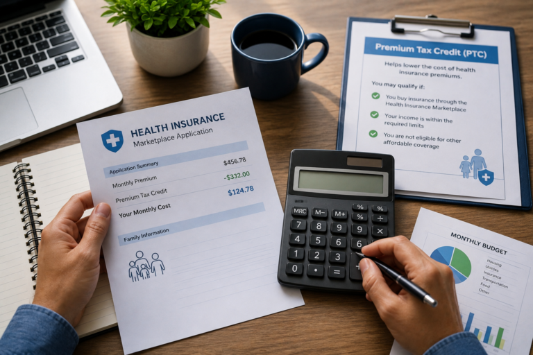 Premium Tax Credit tax planning image with health insurance Marketplace documents, calculator, and budgeting paperwork illustrating healthcare premium savings