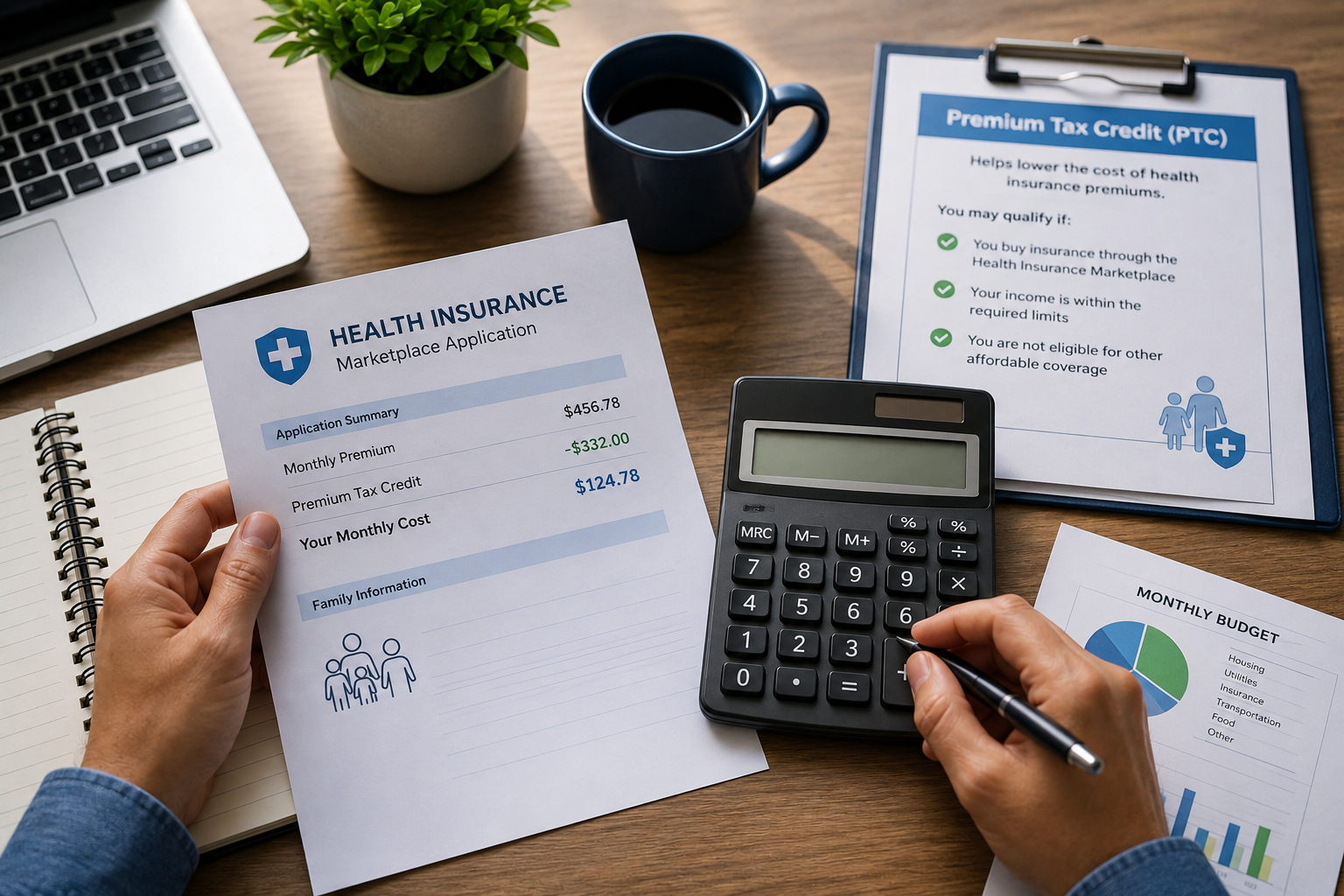 Premium Tax Credit tax planning image with health insurance Marketplace documents, calculator, and budgeting paperwork illustrating healthcare premium savings