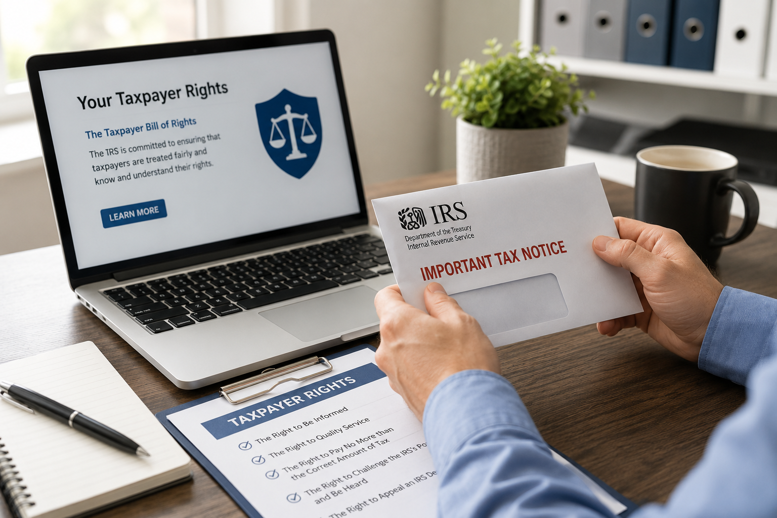 Taxpayer reviewing an IRS notice at a desk while researching taxpayer rights and IRS communication requirements online