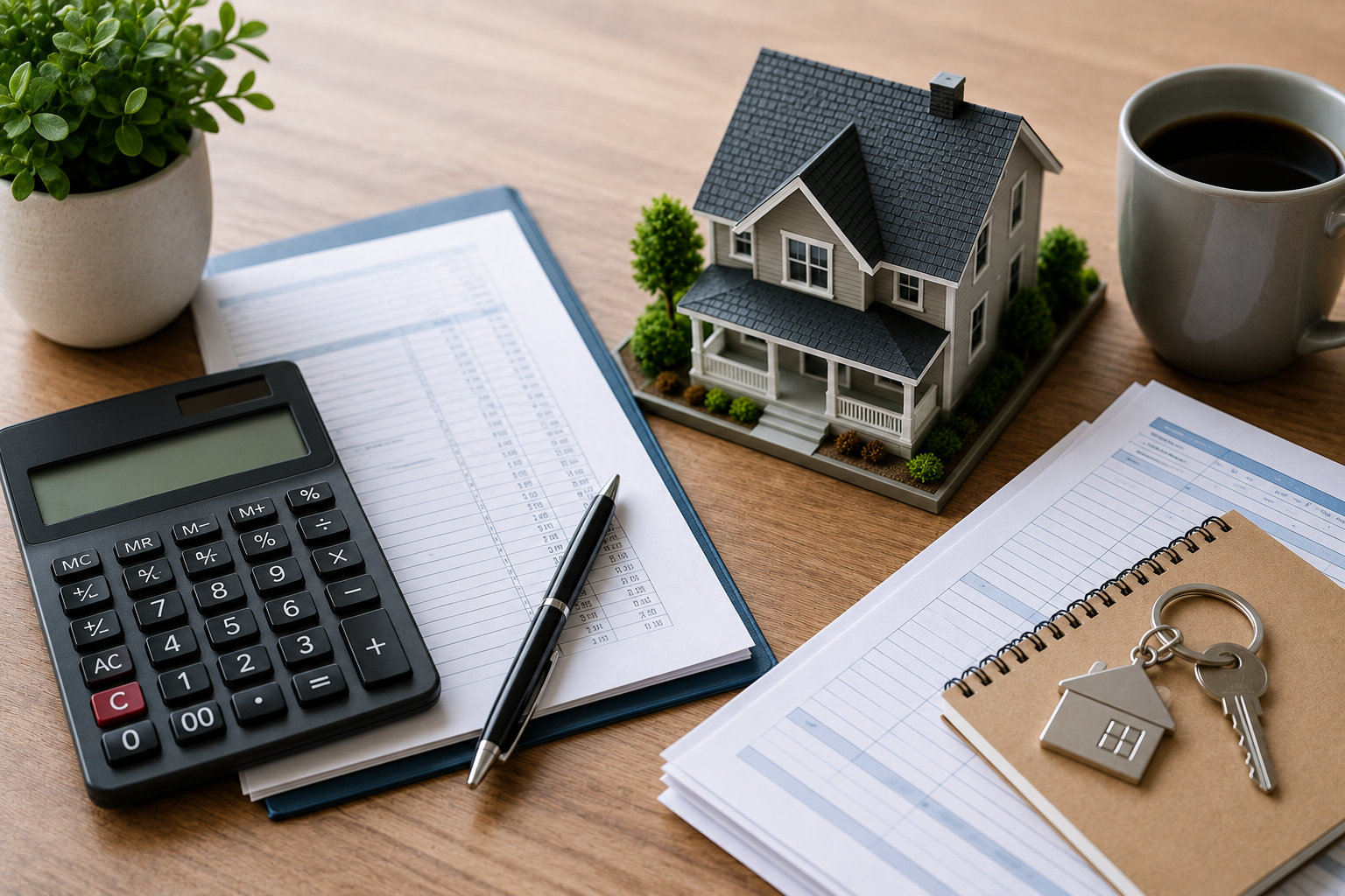 SALT deduction tax planning image with property tax documents, calculator, Schedule A forms, and house model illustrating state and local tax deduction limits
