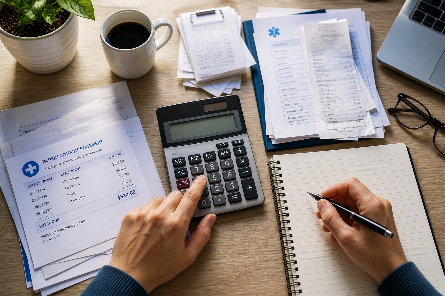 Unreimbursed medical expenses deduction with hands using calculator and medical bills illustrating 7.5 percent AGI tax planning strategy