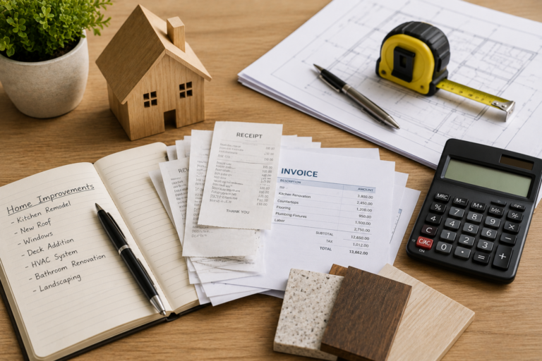Home improvement costs tracking with renovation receipts, contractor invoices, calculator, and home plans for capital gains tax planning for Home Sale Exclusion