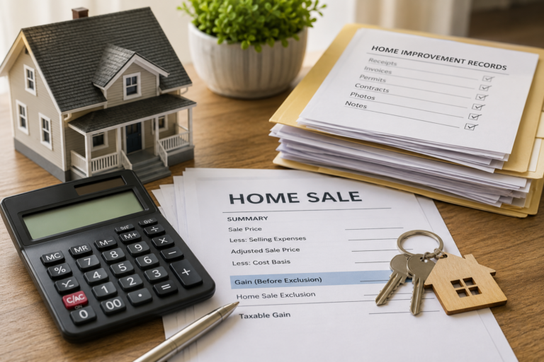 Home sale exclusion tax planning with house documents, calculator, home sale paperwork, and homeowner financial records