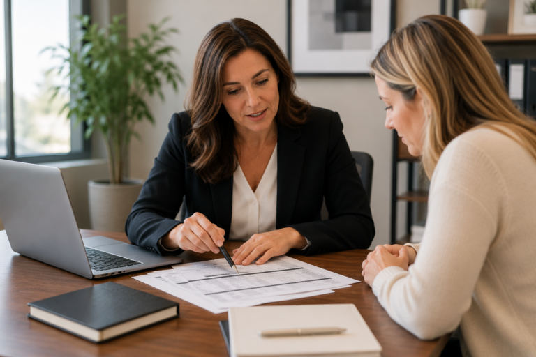 Tax professional reviewing IRS account transcript and assessment dates with taxpayer during consultation
