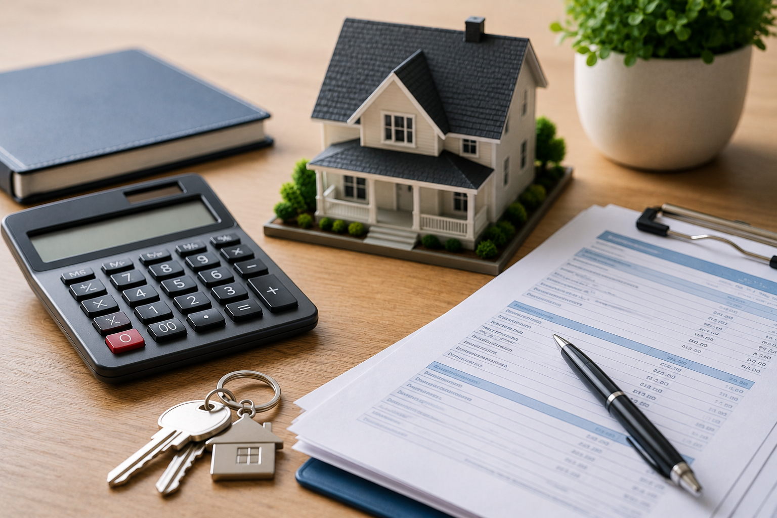 Refinancing mortgage interest deduction planning with mortgage documents, calculator, house keys, and home model on a homeowner tax planning desk