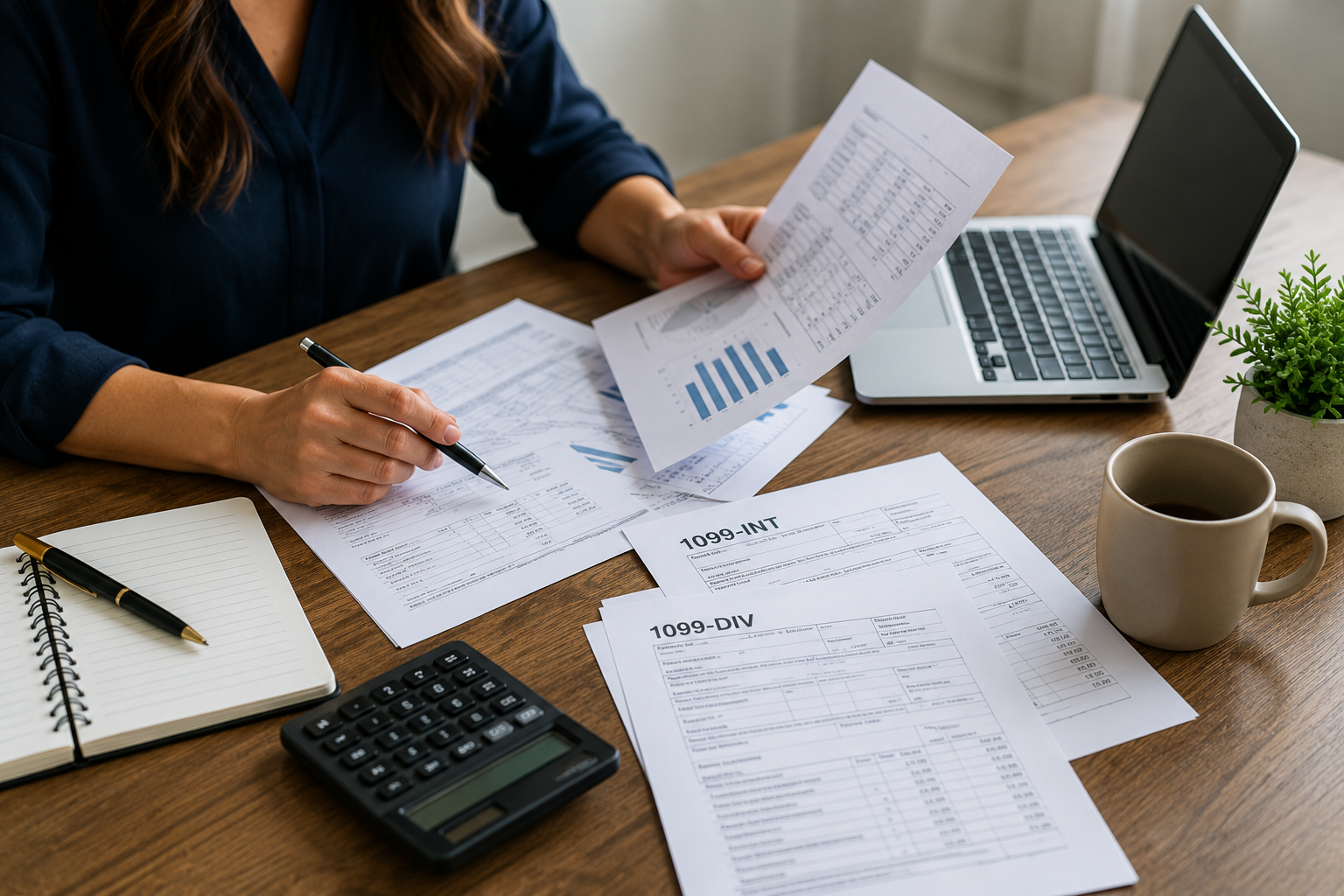 Taxpayer reviewing investment income statements and tax documents before filing a tax return