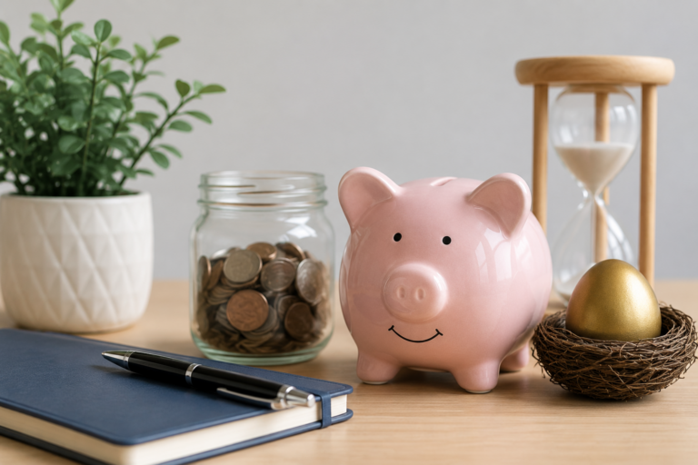Traditional IRA retirement savings planning with piggy bank, savings jar, notebook, and financial planning tools illustrating tax-deductible retirement contributions