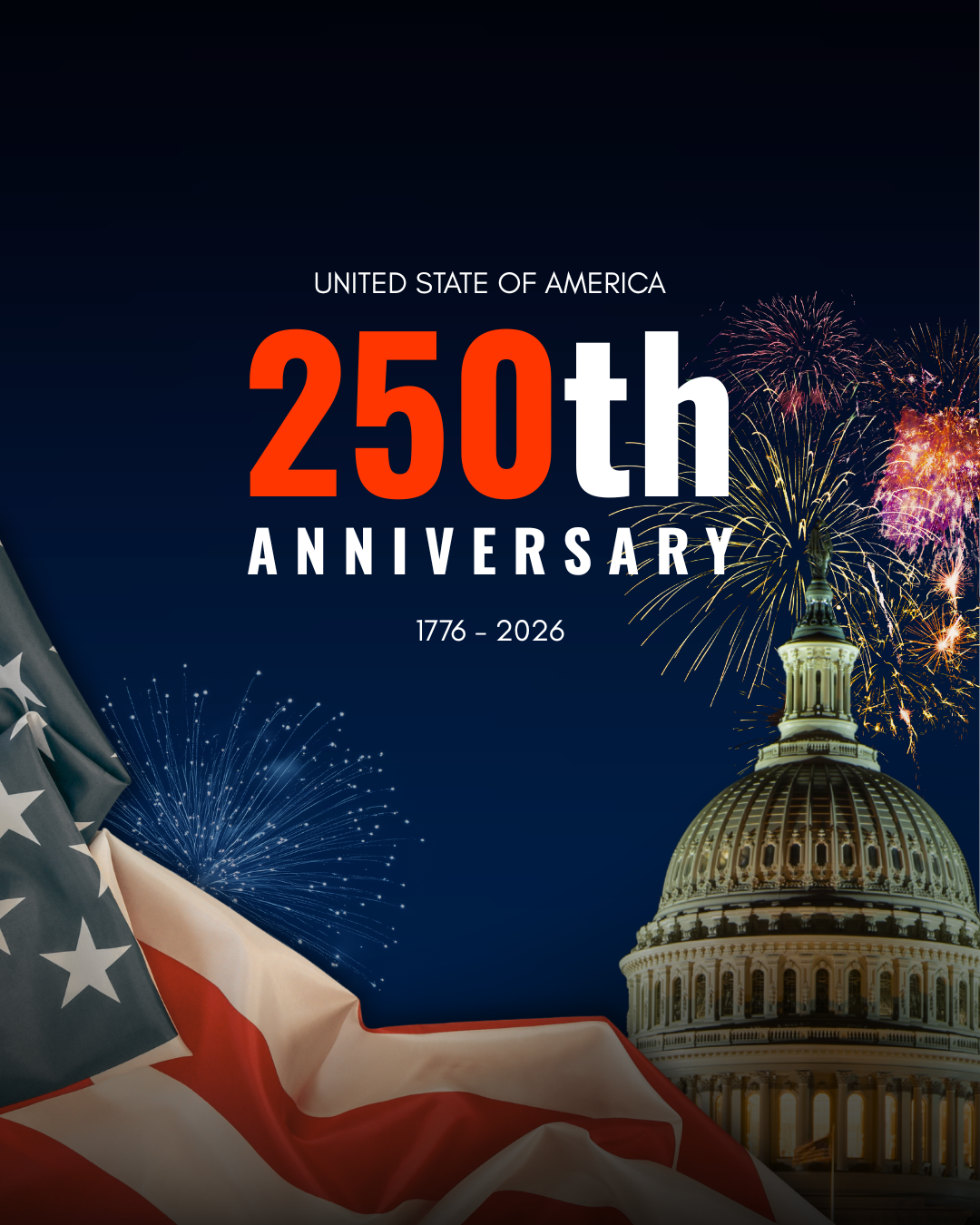 America's 250th Anniversary celebration graphic with the U.S. Capitol, American flag, and fireworks featured in the July 2026 Cheshier Tax Resolution newsletter.