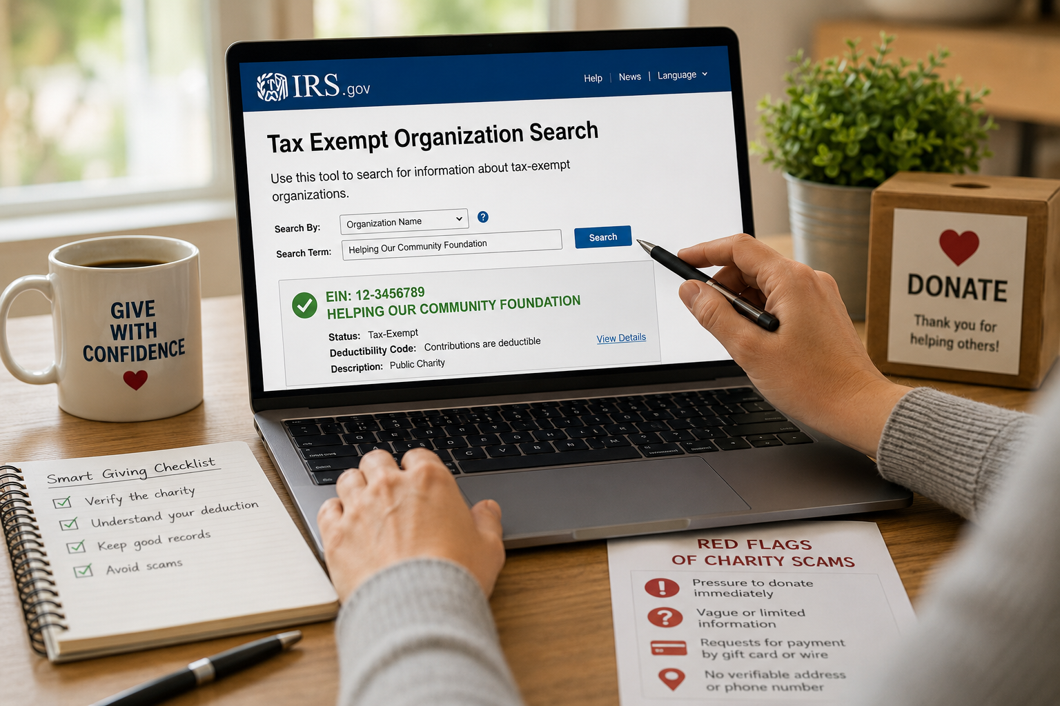Taxpayer verifying a qualified charity online to avoid charitable donation scams before making a tax-deductible donation.