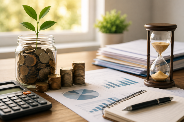 Roth IRA tax benefits illustrated with growing retirement savings, financial planning documents, calculator, and long-term tax-free investment growth