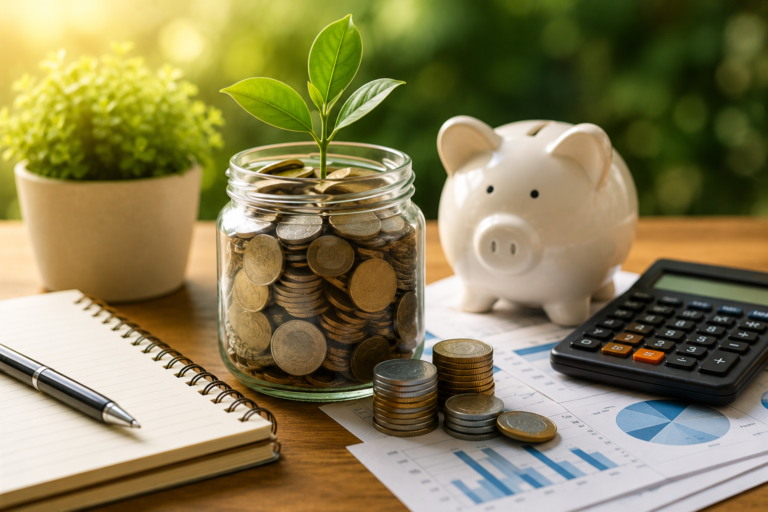 Saver's Credit retirement tax planning with retirement savings jar, calculator, piggy bank, notebook, and growing investment symbol