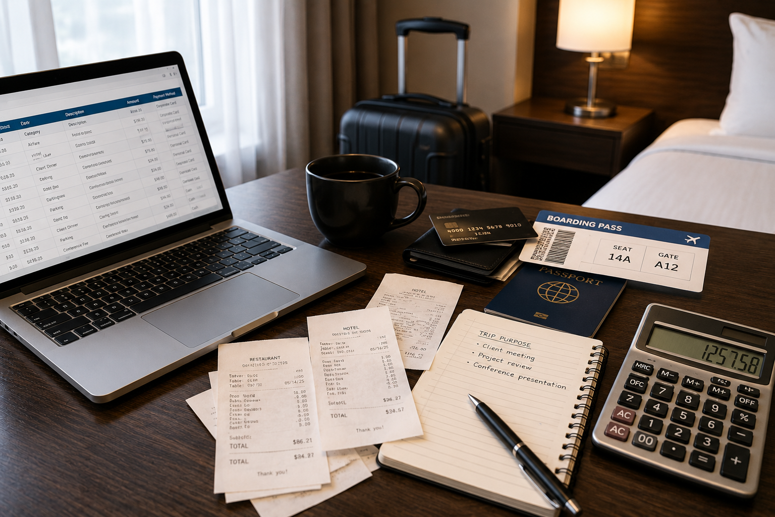 Business Travel Expenses with business traveler workspace, receipts, laptop, calculator, airline ticket and meal receipt for tax deductions