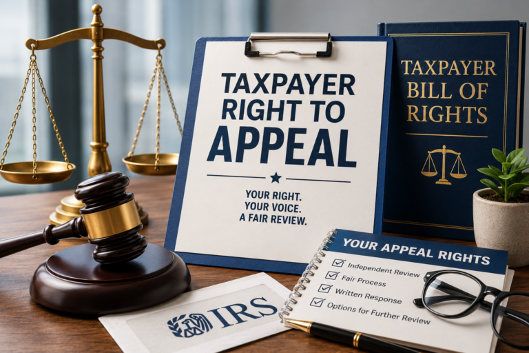 Taxpayer right to appeal shown by a taxpayer reviewing an IRS decision and appeal documents with a tax professional.