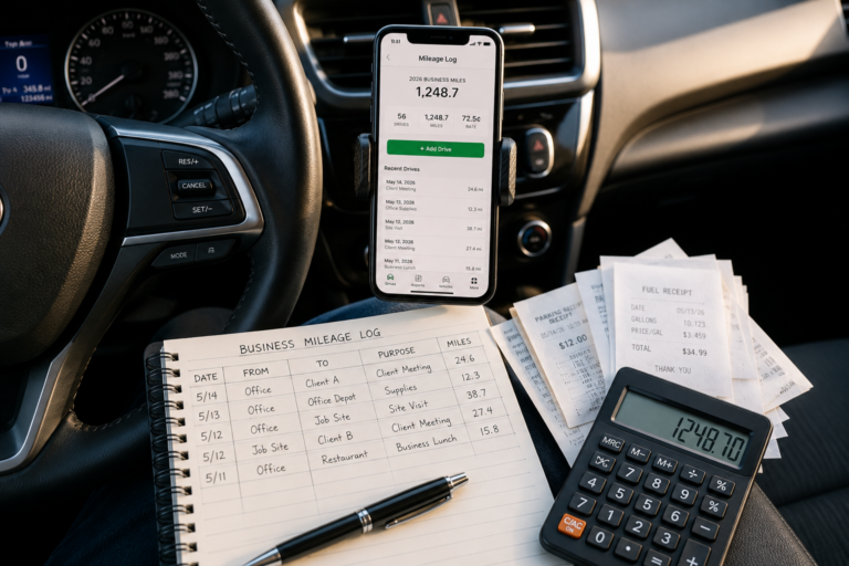 Business Mileage Log for tracking vehicle miles and documenting business mileage deductions for self-employed taxpayers