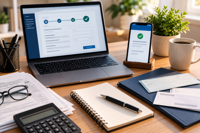 E-File and Direct Deposit tax refund with laptop, tax documents and secure electronic banking