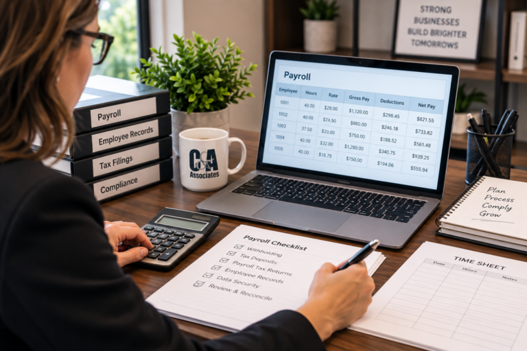 Payroll tax responsibilities being reviewed by a business payroll professional