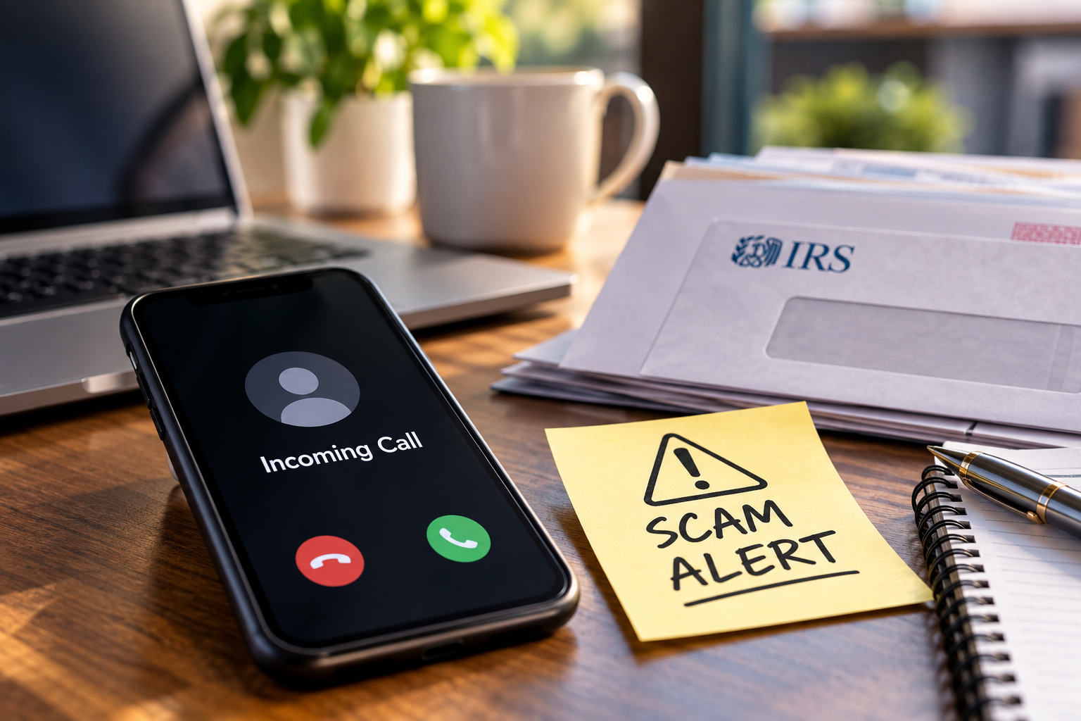 IRS Tax Scams awareness with suspicious phone call, tax documents and laptop on professional desk