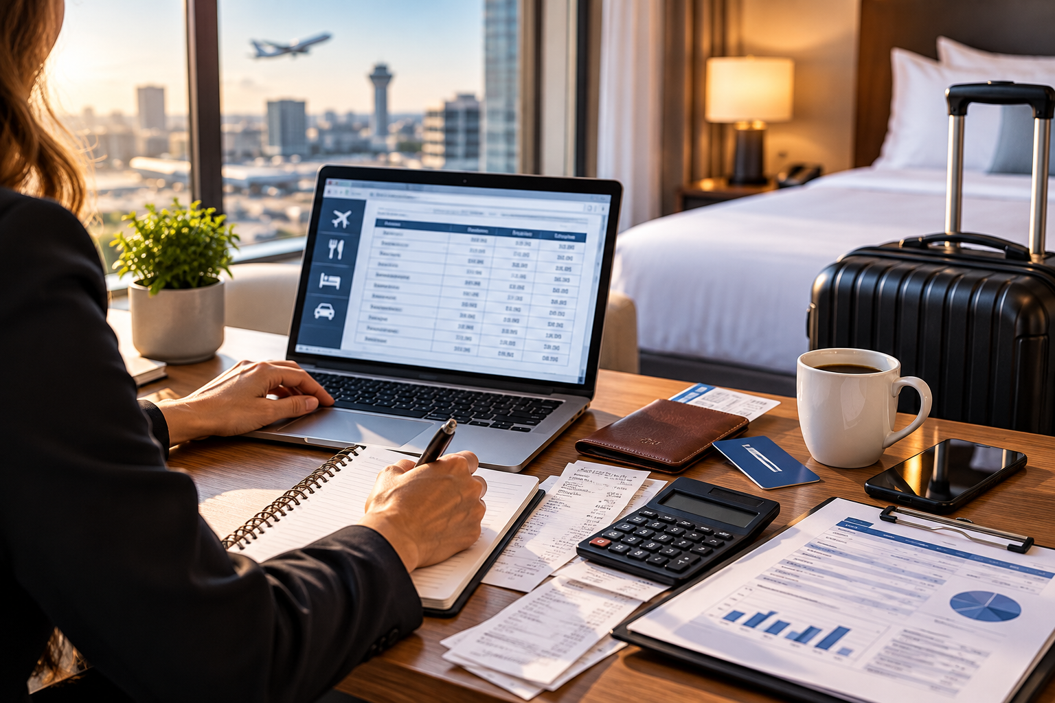 Business travel per diem rates reviewed by a business traveler tracking lodging and meal expenses