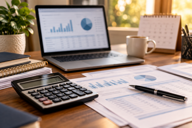 Estimated Tax Payments Q4 review with calculator, financial records and year-end tax planning