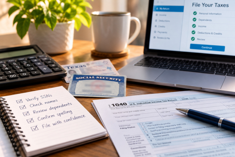 Social Security Number Errors review with tax records, calculator and secure identification documents to prevent refund delays